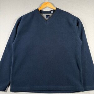 GAP Vintage Mens Navy Blue Fleece V-Neck Pullover Sweater Large 90s Retro